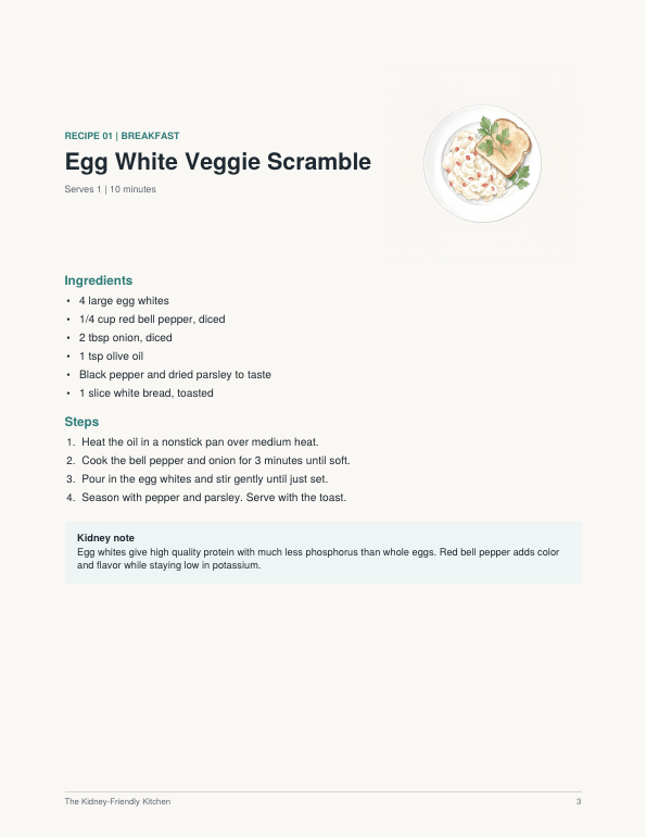 A recipe page: Egg White Veggie Scramble